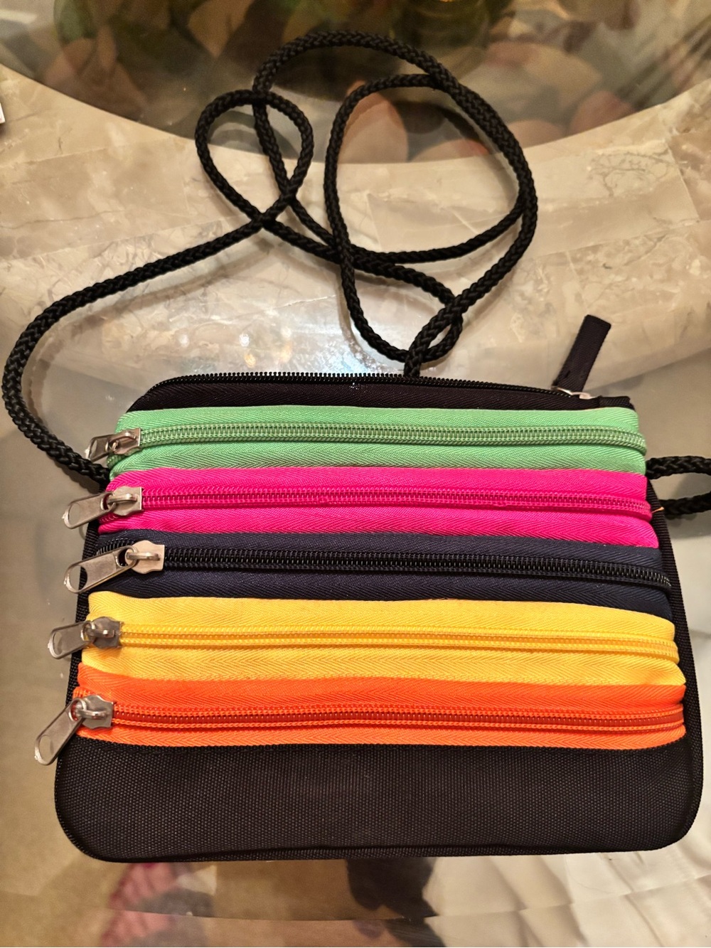 Multi-Zip Colorblock Crossbody Bag - Black with Green, Pink, Yellow, Orange